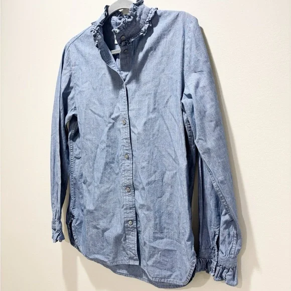 J CREW • Women’s Classic Fit Ruffle Neck Cotton Chambray Denim Button Up Shirt - Picture 4 of 6